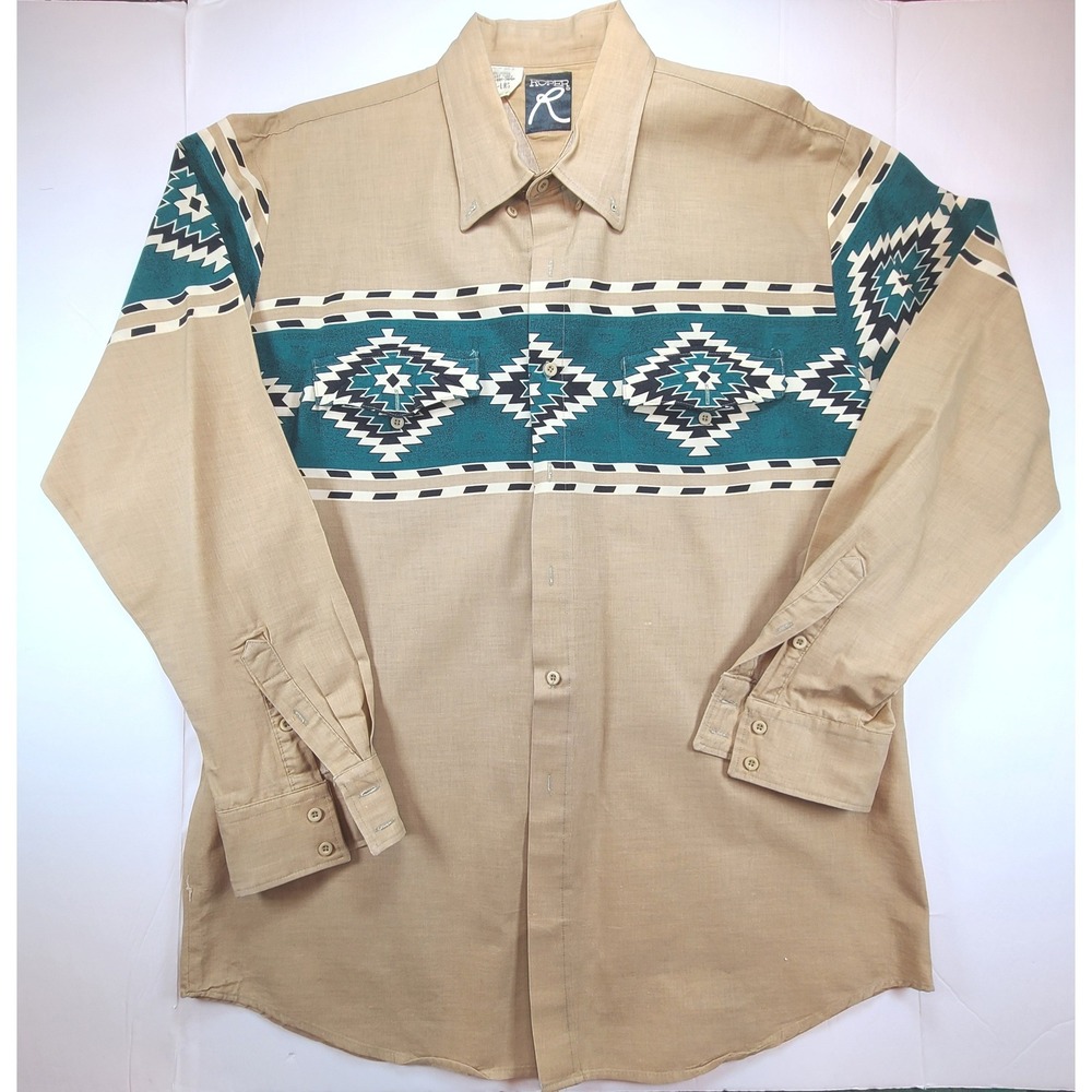 Vintage Roper Mens XL Western Button Down Shirt Tan Teal Southwestern Cowboy